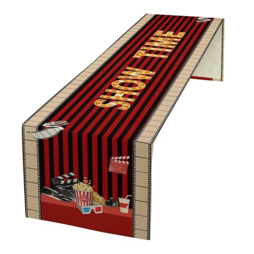 Movie Night Table Runner Vintage Film Strip Popcorn Now Showing Decor for Indoor Outdoor Party Dinner Festival Rustic Farmhouse Holiday Home Kitchen Dining Room 13x36in - color: Cinema-red2, size: 13x36in