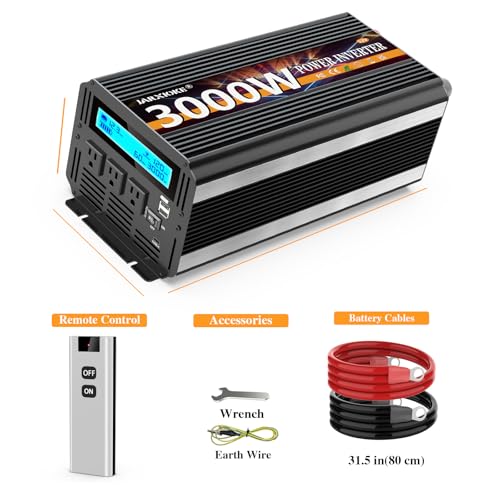 3000W Power Inverter 12V DC to AC 110V/120V (Peak) 6000W Converter 3 sockets car Inverter with Remote Control and LED Display 3.4A USB Port - size: 12v-3000W