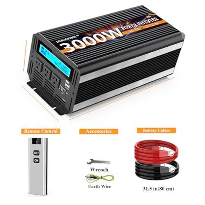 3000W Power Inverter 12V DC to AC 110V/120V (Peak) 6000W Converter 3 sockets car Inverter with Remote Control and LED Display 3.4A USB Port - size: 12v-3000W