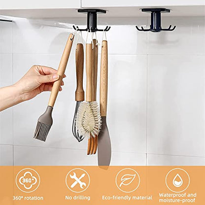 2pcs Under Cabinet Kitchen Utensil Hooks,360° Rotating Drilling Free Adhesive Utensils Hanging Rack for Tools/Towel/Knife (Black) - color: Black