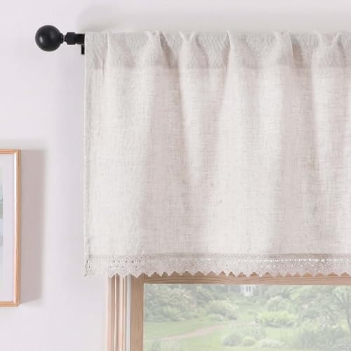 Chyhomenyc Lace Valances for Windows - Light Filtering Faux Linen Small Cafe Kitchen Valance Curtains, Boho Vintage Rod Pocket Farmhouse Valance for Living Room, 52Wx14L, 1 Piece, Natural - color: Natural, size: 52"W x 14"L (Pack of 1)