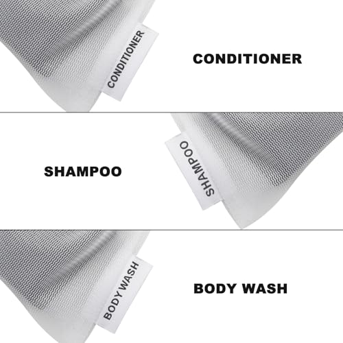 Shampoo Body Wash Conditioner Bag Compatible With Kitsch: Bar Soap Holder 3 Pcs for Shower Travel Soap Saver Bag Mesh Pouch with Labels for Shampoo Conditioner Bars Quick-Dry Eco-Friendly (3 white)