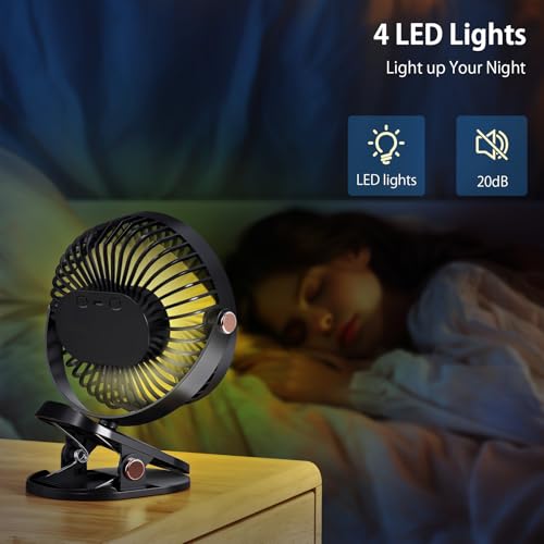 iNeibo 4000mAh Portable Clip on Fan with LED Lights, Battery Operated USB Desk Fan,4 Speed Quiet Rechargeable Mini Table Fan, 360° Rotate Personal Cooling Fan for Home Office Stroller Camping (Black) - color: Black