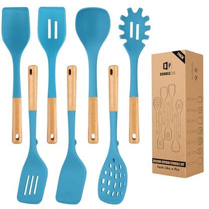 Silicone Kitchen Utensil Set for Non Stick Cookware, 7 Pcs Heat Resistant Cooking Utensils with Wooden Handle, BPA Free Kitchen Tools with Spatulas, Spoons, Skimmer and Pasta Fork (BLUE) - color: Blue