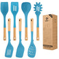 Silicone Kitchen Utensil Set for Non Stick Cookware, 7 Pcs Heat Resistant Cooking Utensils with Wooden Handle, BPA Free Kitchen Tools with Spatulas, Spoons, Skimmer and Pasta Fork (BLUE) - color: Blue