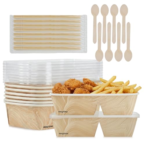 8 Pack 32oz Paper Lunch Box Bento Boxes, 2-Compartment Food Storage Containers with Lids, Leakproof Soak-Proof Microwave Safe, Disposable To Go Boxes for Picnic Office Catering, Transparent Lid - color: Transparent