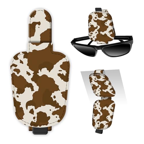 Leather Magnetic Sunglass Holder for Car Sun Visor, Cute Eyeglass Ticket Card Hanger Clip, Universal Auto Interior Accessories for SUV Pickup Truck Brown Cow Print - color: Brown Cow Print