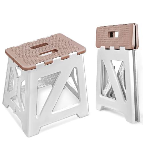 neotidy Foldable Step Stool (1 Pack), 12.9” Tall up to 300 lb Sturdy Plastic Folding Step Stool for Adults Kitchen Bathroom, Portable Small Stool Travel Foot Stool Brown - color: Brown, size: 12.9”