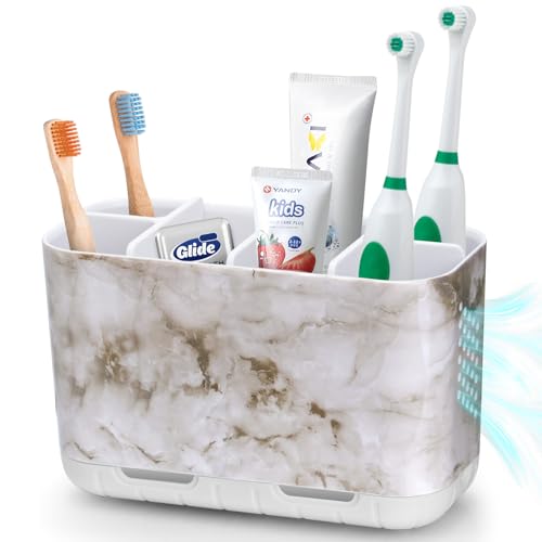 Boperzi Electric Toothbrush Holder for Bathroom Organizer Countertop, Detachable Anti-Slip Toothpaste Storage Caddy 6 Slots White Marble with Drainage Holes for Makeup Brush Razor Stand - color: White Marble Color
