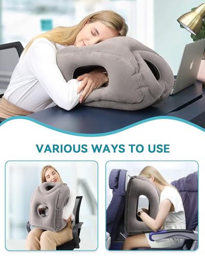 Inflatable Travel Pillow, Airplane Neck Pillow Comfortably Supports Head and Chin for Airplanes, Trains, Cars Office Napping on The Tray Table (Grey) - color: Grey(upgraded)