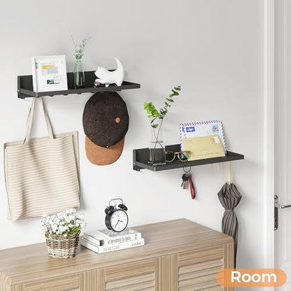 Folding Metal Shelf with Hooks, Wall Mounted Laundry Room Shelf, 8 Hooks & 90° Fold Up, Fold-Down for Rv, Bathroom, Kitchen, Garage, Space Saving, Small Space, Black（17.0", 1 Pack） - color: 17.0" , 1-pack