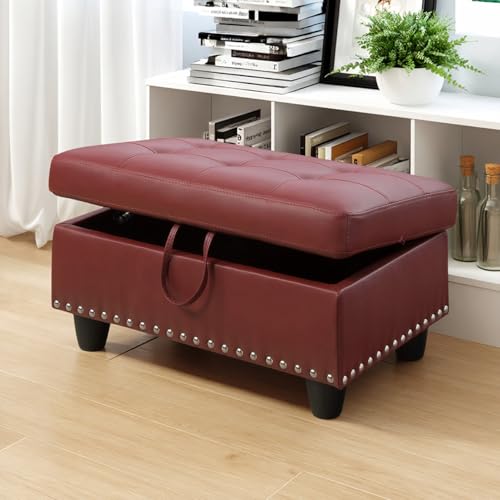 Chesterfield Ottoman with Storage,28.5" Large Square Storage Retro Rivet Ottoman Footstool Bench Coffee Table with Thick Cushion for Home Decor/Entryway/Living Room/Bedroom/Rv,Red Leather - color: Red Leather