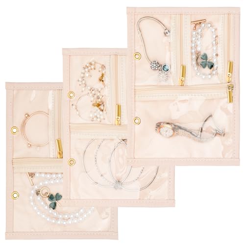 Leather Travel Jewelry Case Organizer,Jewelry Storage Book Binder with Clear Zipper Pouch & Lining-Portable Jewelry Bag for Earrings,Rings,Necklaces,Bracelets (3 PCS Beige- Inner Pages) - color: 3 PCS Beige- Inner Pages