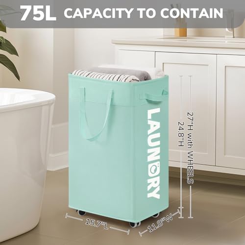 Goodpick Rolling Laundry Basket with Wheels 2-Pack, 75L Large Collapsible Laundry Hamper with Removable Wash Bag Space for living room, Blue - color: Blue 2-Pack