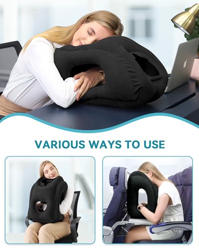 Inflatable Travel Pillow, Airplane Neck Pillow Comfortably Supports Head and Chin for Airplanes, Trains, Cars Office Napping on The Tray Table (Black) - color: Black(standard)
