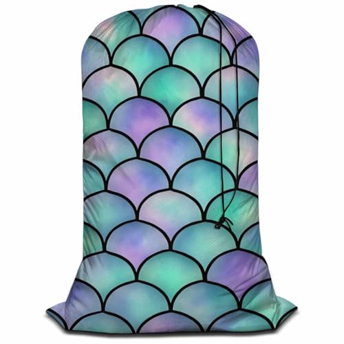 Swono Heavy Duty Large Laundry Bag Mermaid Scales 1 Pack 28 x 40 Inch, Watercolor Rainbow Sea Life XL Drawstring Travel Organizer Bag Tear Resistant Dirty Cloth Storage 4 Loads of Clothes, Ocean Theme - color: Mermaid Scales