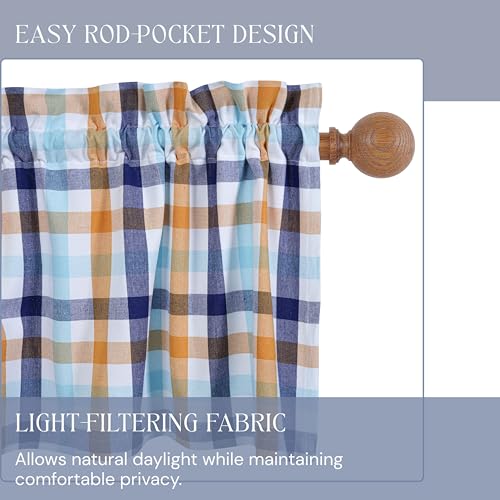 Gingham Valance Curtains, 2 Pack, 54x18 Inches, 100% Cotton Window Valances, Rod Pocket Curtain Panels for Kitchen, Bedroom, Living Room, Indigo Blue - Mustard Yellow - Aqua Blue - color: Multi Blue, Yellow, size: 18"W x 54"L (Pack of 2)