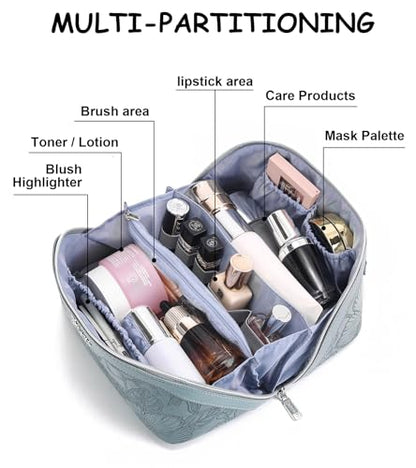 BOYATU Travel Makeup Bags Cosmetic Organizer Bag: 3 Pcs Set Large Capacity Floral Make up Bag with Compartments - Waterproof Leather Toiletry Bags with Handle for Women (01-Light Blue) - color: 01-Light Blue