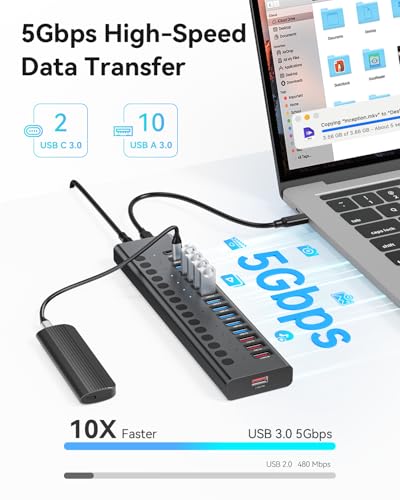 Powered USB Hub, AGEEN 16-Port USB 3.0 Hub (10 USB-A 3.0+2 QC 24W Fast Charging+2 Smart Charging+2 USB-C 3.0 Ports), 12V/8A 96W UL Certified Power Adapter for PC, Laptop, HDD, Flash Drive (16-Port) - size: 16-Port