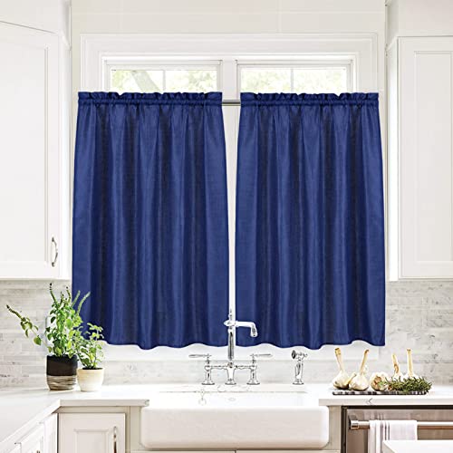 Valea Home Waffle Weave Textured Bathroom Window Curtains Water Repellent Short Curtains Window Covering Half Window Curtains Kitchen Tiers 45 inch Length, Navy Blue, Set of 2 - color: Navy Blue, size: 36"W x 45"L (Pack of 2)