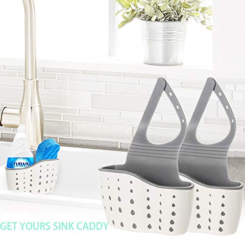 EC ELEGANTCHARM Kitchen Sink Caddy Sponge Holder Silicone Plastic Soap Holder Hanging Ajustable Strap Faucet Caddy with Drain Holes for Drying - color: White-1 Pack