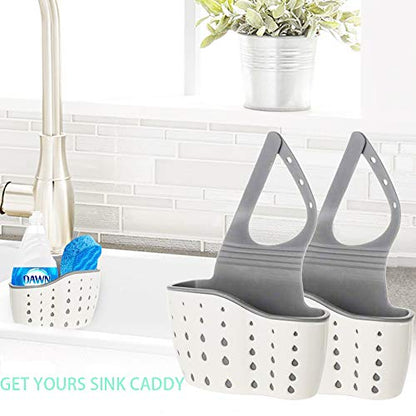 EC ELEGANTCHARM Kitchen Sink Caddy Sponge Holder Silicone Plastic Soap Holder Hanging Ajustable Strap Faucet Caddy with Drain Holes for Drying - color: White-1 Pack