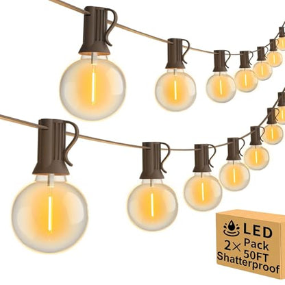 100FT 2Pack Outdoor String Lights LED Outside Waterproof Patio Lights Backyard Heavy-Duty Shatterproof Plastic G40 Bulbs Connectable Globe Light Decor Yard Café Exterior - size: 100FT-Brown