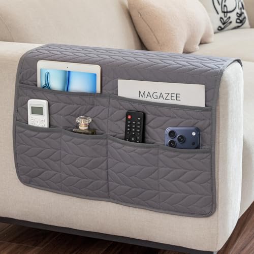 Remote Control Holder for Armchair, Couch Caddy Organizer TV Remote Holder for Recliner Couch With 6 Pockets, Non-Slip Arm Chair Caddy Bedside Table Organizer for Magazine, Tablet, Phone, iPad (Grey) - color: Grey