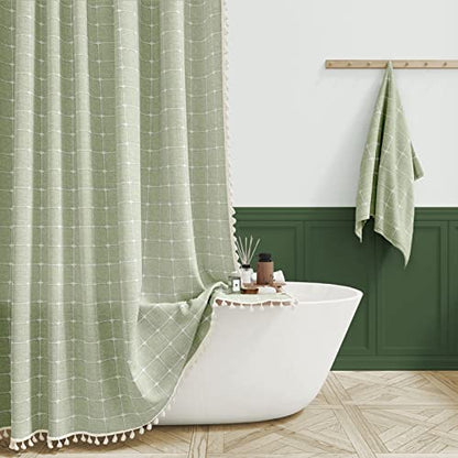 BTTN Extra Long Shower Curtain - 72x90 Inch Long Boho Tassel Linen Fabric Shower Curtain Set with 12 Plastic Hooks, Modern Farmhouse Elegant Heavy Duty Cloth Shower Curtains for Bathroom - Sage Green - color: A - Sage Green, size: 72"W x 90"L (Pack of 1)
