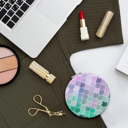 Teal Pink Mermaid Fish Scales Print Foldable Travel Pocket Mirror Round PU Leather Portable Mini Makeup Double Sided Handheld Magnifying,2.6 in - color: Teal Pink Mermaid Fish Scales