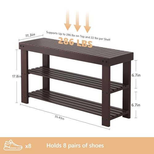 Sweetcrispy Shoe Rack Bench, 3-Tier Bamboo Entryway Storage Organizer, 286lb Capacity, Shoes Stand for FrontDoor Entrance, Bedroom, Living Room, Bathroom, Balcony, 35 Inches Length, Brown