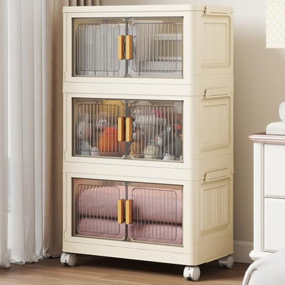 3 Tier Stackable Plastic Storage Bins with Lids 48QT, Collapsible Closet Organizers and Storage with Wheels for Living Room,Office,Dorm - size: 48Qt-3pack
