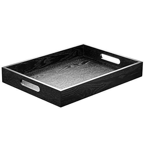 ATZYmolin Wood Serving Tray with Handles, Home Decorative Wooden Rectangle Ottoman Decor Platter Vanity Tray for Breakfast Dinner Drinks Kitchen Dining Living Bathroom Restaurants Black - color: Black