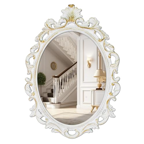 SIMON'S SHOP White Oval Wall Mirror, Gothic Scroll Frame 16.5 × 23.5 in | Vintage-style white framed mirror with ornate scroll design for entryway, bedroom, bathroom, living room walls - color: White - 16.5 X 23.5 in, size: 23.5"L x 16.5"W