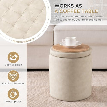 oakvivo Faux Leather Round Ottoman with Storage 12.6" W x 14.17" H & 14.76" W x 17.32" H Set of 2, Small Boucle Coffee Table Footstool with Removable Lid for Living Room, Bedroom, Beige - color: Beige
