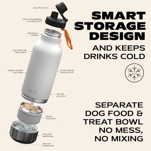 asobu Buddy Bottle a Stainless Steel Insulated Water Bottle for with Removable Dog Water Bowl and Dog Food and Treat Storage Bowl (White, 34 oz Water Bottle | 2 Bowls) - color: White