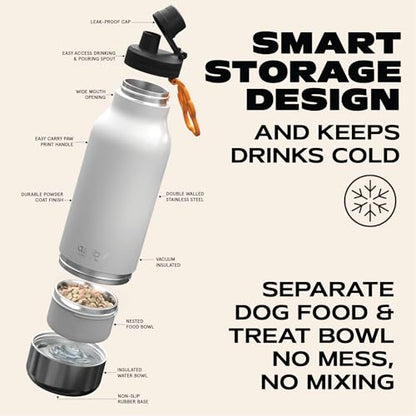 asobu Buddy Bottle a Stainless Steel Insulated Water Bottle for with Removable Dog Water Bowl and Dog Food and Treat Storage Bowl (White, 34 oz Water Bottle | 2 Bowls) - color: White