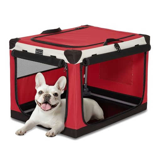 PETSFIT 26" Soft Portable Dog Crate – Patented Spiral Sturdy Frame, Collapsible Travel Kennel for Small Dogs, 3 Mesh Door, Lockable Zippers, Indoor & Car Use Red - color: Red, size: 26.0"L x 19.0"W x 18.0"H