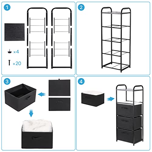 MAX Houser 4 Drawer Fabric Dresser Tall Storage Tower, Dresser Chest with Wood Top, Vertical Nightstand Side Organizer Unit with Metal Frame for Closets Bedroom Nursery Room Hallway(Black) - color: Black3