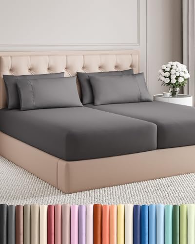 Split King 7 Piece Sheet Set - Comfy Breathable & Cooling - Soft Hotel Luxury Bedding Set with 8-16 Inch Deep Pockets - 1 Flat & 2 Fitted Sheet & 4 Pillowcases - Wrinkle Free & Easy Care - Dark Grey - color: 06 - Dark Grey, size: Split King Size