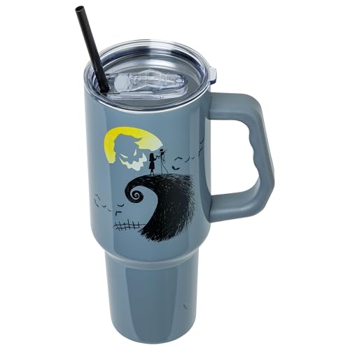 Silver Buffalo Disney Nightmare Before Christmas Featuring Oogie Boogie, Jack Skellington, and Sally Double Walled Stainless Steel Tumbler with Handle and Straw, Fits in Standard Cup Holder, 40 Ounces - color: Nightmare Before Christmas Jack and Sally