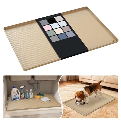URMONA Waterproof Silicone Under Sink Mat 28'' x 19'' Shelf Liner for Kitchen and Bathroom, Cabinet and Counter Protector, Storage and Organizers, Litter Mat, Pet Cat Puppy Essentials(Khaki) - color: Khaki, size: 19"W x 28"L