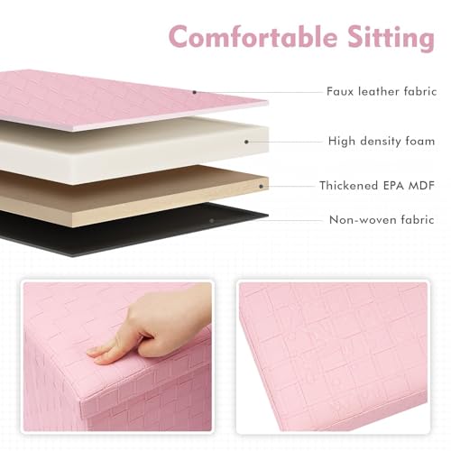B FSOBEIIALEO Folding Storage Ottoman, Faux Leather Footrest Seat Long Shoes Bench Box Chest, Pink 30"x15"x15" - color: Pink, size: Large