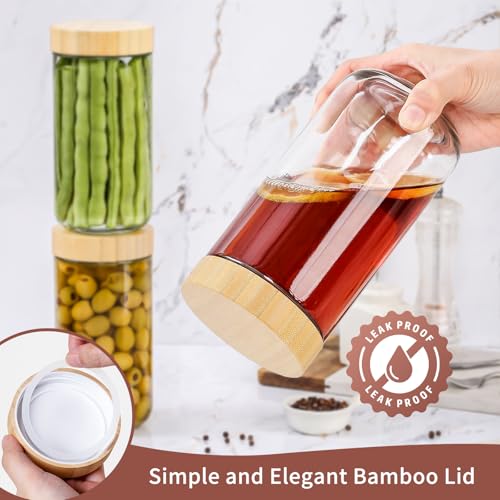 DRKIO 24 Oz Overnight Oats Containers with Bamboo Lids - 4 Pack Glass Storage Jars with Airtight Lids Wide Mouth Mason Food Jars Great for Meal Prep Salad Chia Pudding Snacks Yogurt Sugar Spice - color: 24 Oz - Natural