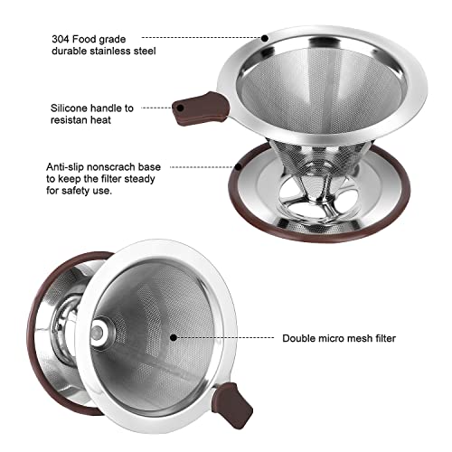 Pour Over Coffee Dripper, Reusable Paperless Coffee Filter,Professional Stainless Steel Drip Cone Brew Coffee Strainer,Upgraded Double Micro Mesh Filter with Cup Stand,1-4 Cup - size: 1-4 Cup