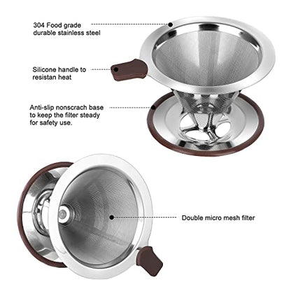 Pour Over Coffee Dripper, Reusable Paperless Coffee Filter,Professional Stainless Steel Drip Cone Brew Coffee Strainer,Upgraded Double Micro Mesh Filter with Cup Stand,1-4 Cup - size: 1-4 Cup