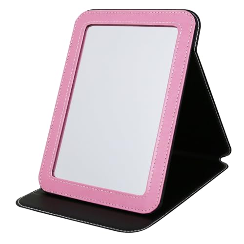 Travel Mirror for Desk, 6.5×8.9” Adjustable Rectangle PU Edge Covering Pink Foldable Desk Mirror with Stand for Travel Camping Home (Pink) - color: Pink, size: 8.9"L x 6.5"W