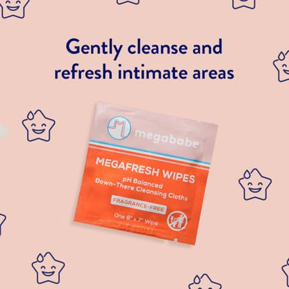 Megababe Megafresh Wipes | Unscented Cleansing Wipes for the Intimate Area | Summer and Hot Weather Essential | pH Balanced, Front & Back Use | 16 Individually Wrapped Wipes (Pack of 1)