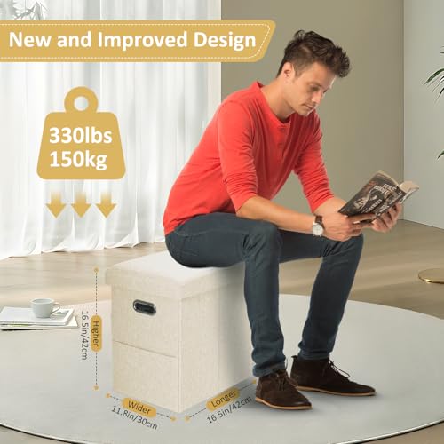 Tall Ottoman with Storage Collapsible Fabric Small Slim Folding Ottoman Furniture with Handles Lid for Room Footrest Foot Stool Linen Beige 16.5x16.5x11.8in - color: Beige