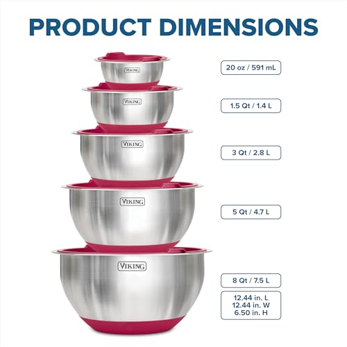 Viking Mixing Bowls Set, 10 Piece Stainless Steel Kitchen Cookware, Non-Slip Silicone Base, Includes Tight Fit Lids, Dishwasher Safe, Red - color: Red